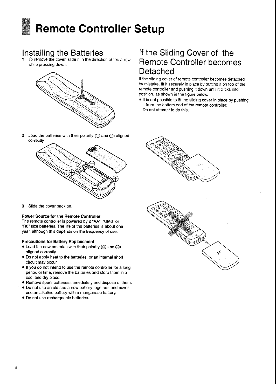 Remote controller setup, Power source for the remote controller, Precautions for battery replacement | Installing the batteries | Panasonic NV-SD230A User Manual | Page 8 / 32