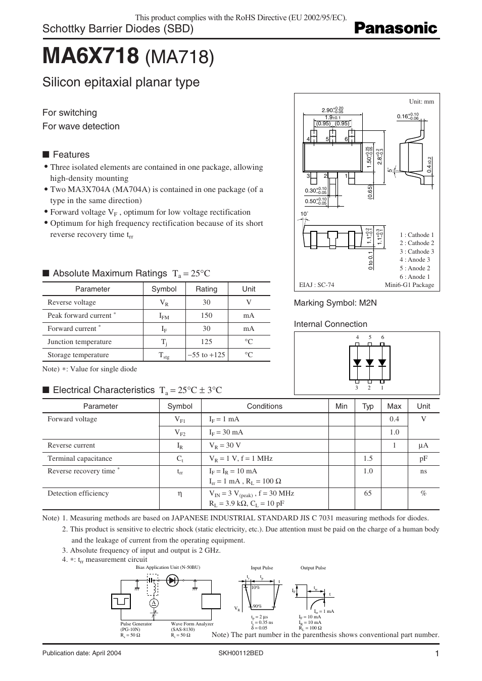 Panasonic Schottky Barrier Diodes MA6X718 (MA718) User Manual | 3 pages