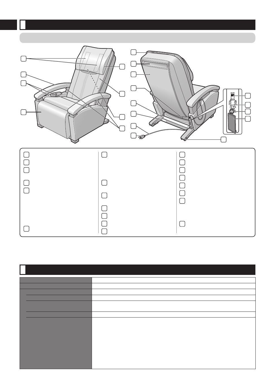 Specifications, Part names and functions, Massage lounger | Panasonic EP1080 User Manual | Page 6 / 18