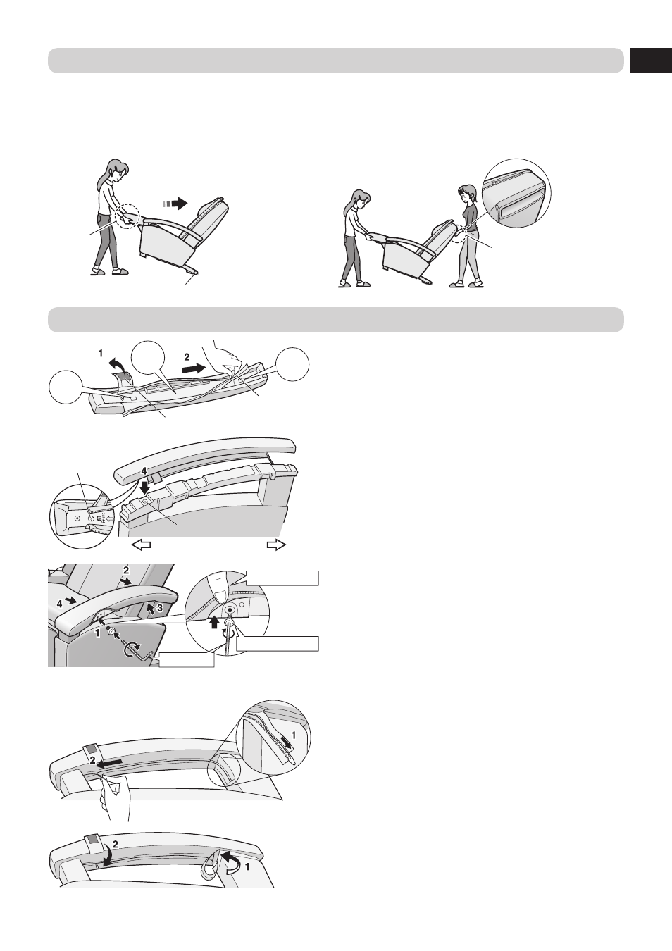 3 how to move the unit, 4 install the armrests on the unit, Install the armrests | Secure the armrests with attachment screws, Put both ends of the zipper into the inside | Panasonic EP1080 User Manual | Page 9 / 18