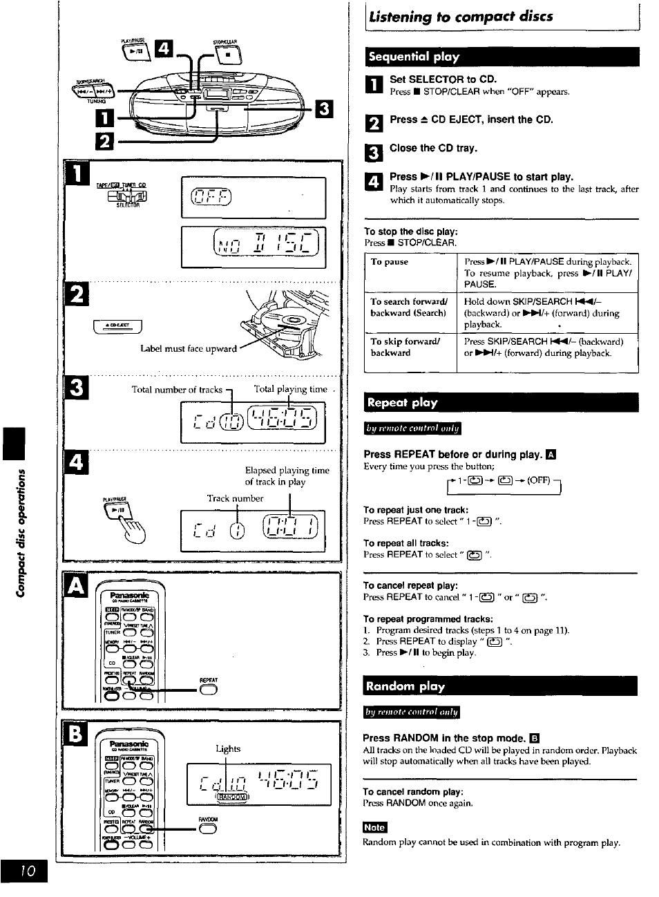 Set selector to cd, Press ± cd eject, insert the cd, Close the cd tray | Press ►/!! play/pause to start play, To stop the disc play, Press repeat before or during play, To repeat just one track, To repeat all tracks, To cancel repeat play, To repeat programmed tracks | Panasonic RXDS27 User Manual | Page 10 / 16