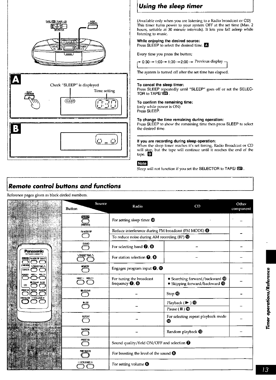 To cancel the sleep timer, To confirm the remaining time, To change the time remaining during operation | If you are recording during sleep operation, Using the sleep timer, Remote control buttons and functions | Panasonic RXDS27 User Manual | Page 13 / 16