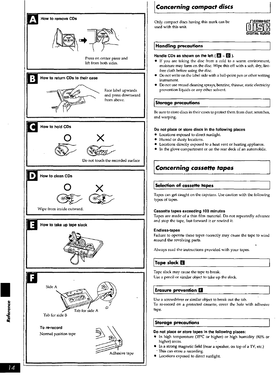 How to take up tape slack, To re-record, Handle cds as shown on the left ( q - cl ) | J^torage precaurions, Selection of cassette tapes, Cassette tapes exceeding 100 minutes, Endless-tapes, Tape slack q, Storage precautions, Concerning | Panasonic RXDS27 User Manual | Page 14 / 16