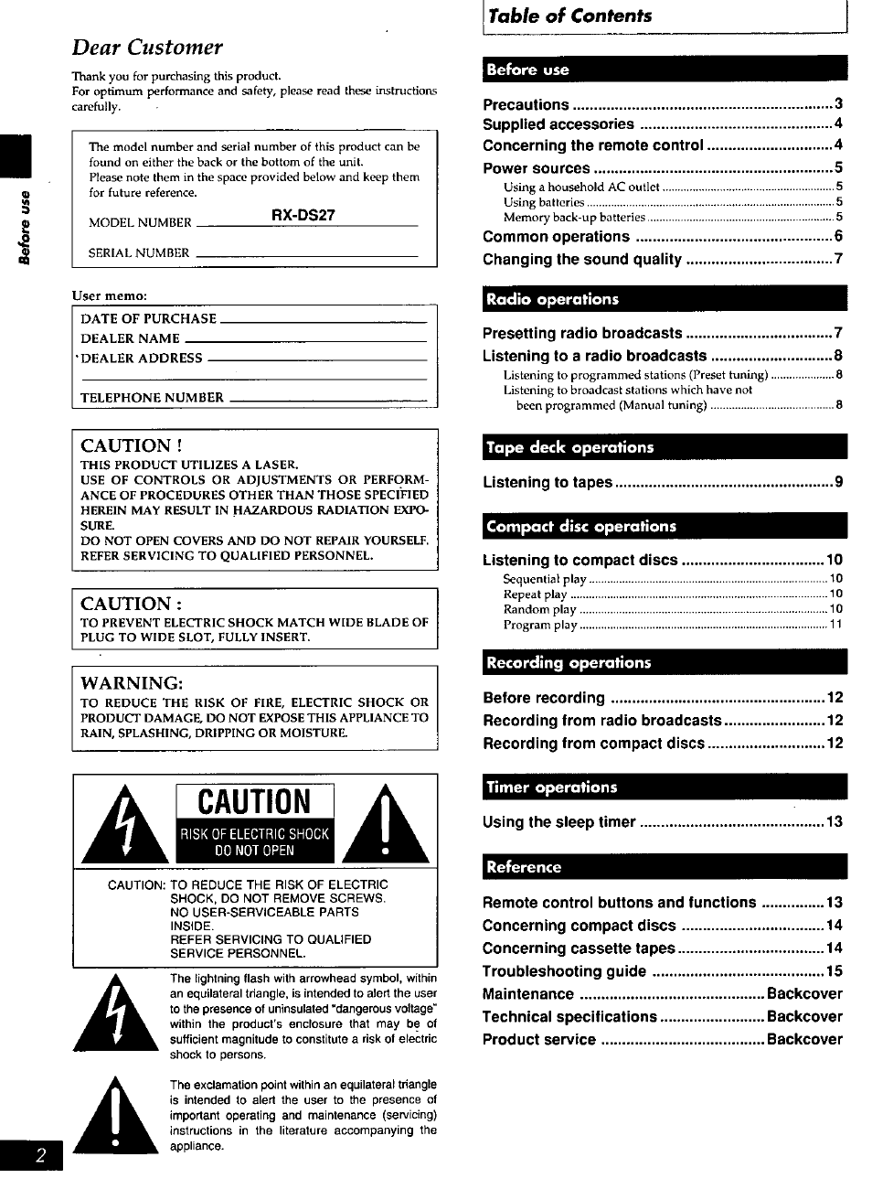 Dear customer, Caution, Warning | Panasonic RXDS27 User Manual | Page 2 / 16