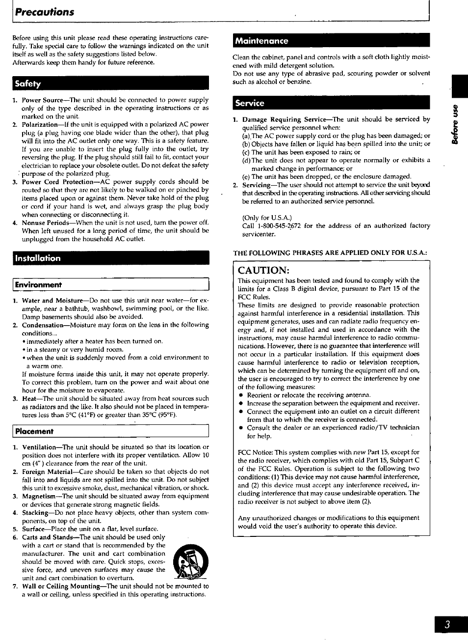 Caution, Precautions, Safety | Installation, Maintenance, Service, Environment, Placement | Panasonic RXDS27 User Manual | Page 3 / 16