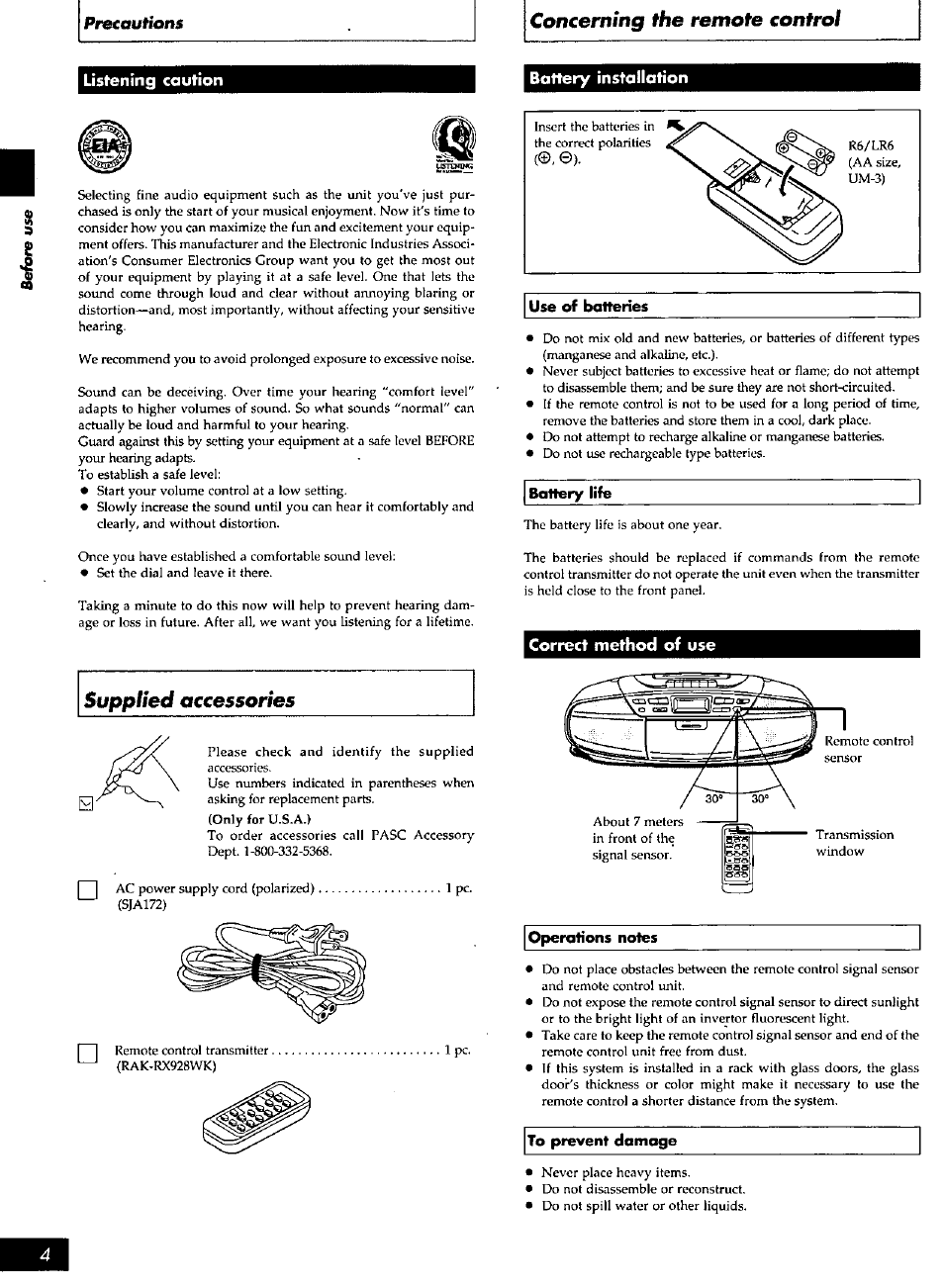 Concerning the remote control, Supplied accessories, Listening caution battery installation | Correct method of use | Panasonic RXDS27 User Manual | Page 4 / 16