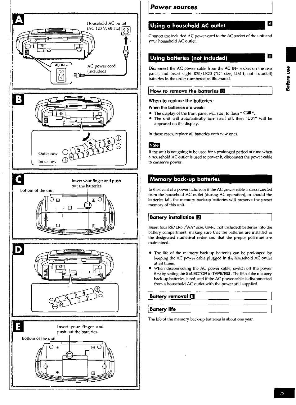 When to replace the batteries, Power sources, Using a household ac outlet | Using batteries (not included) | Panasonic RXDS27 User Manual | Page 5 / 16