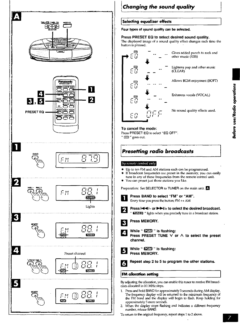 Four types of sound quality can be selected, Press preset eq to select desired sound quality, To cancel the mode | Press band to select “fm” or “am, Press h«/- or p^/+ to select the desired broadcast, Press memory, While “ ” is flashing, Repeat step 2 to 5 to program the other stations, Changing the sound quality, Presetting radio broadcasts | Panasonic RXDS27 User Manual | Page 7 / 16