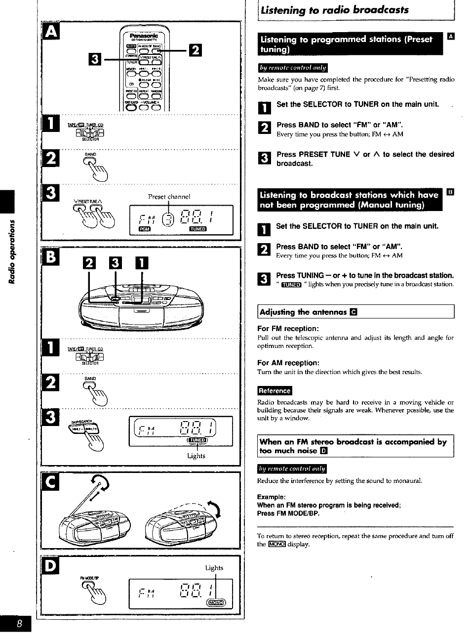 Listening to programmed stations {preset tuning), N set the selector to tuner on the main unit, Press band to select “fm” or “am | For fm reception, For am reception, Reference, Example, Listening to radio broadcasts | Panasonic RXDS27 User Manual | Page 8 / 16