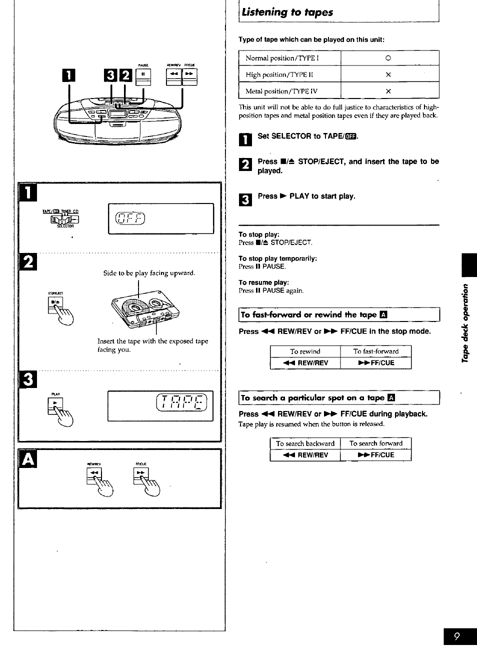 Set selector to tape/0b, Press ► play to start play, To fast-forward or rewind the tape q | Press rew/rev or ►► ff/cue in the stop mode, To search a particular spot on a tape q, Press mm rew/rev or ►► ff/cue during playback, Listening to tapes | Panasonic RXDS27 User Manual | Page 9 / 16