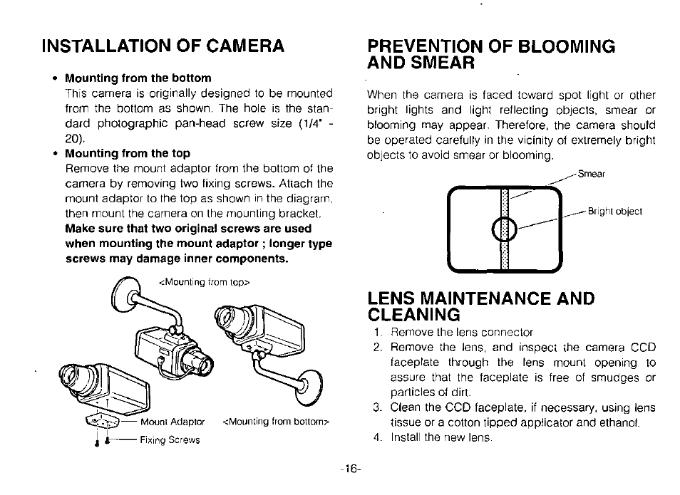 Installation of camera, Mounting from the bottom, Prevention of blooming and smear | Lens maintenance and cleaning | Panasonic WV-BP120 User Manual | Page 18 / 22