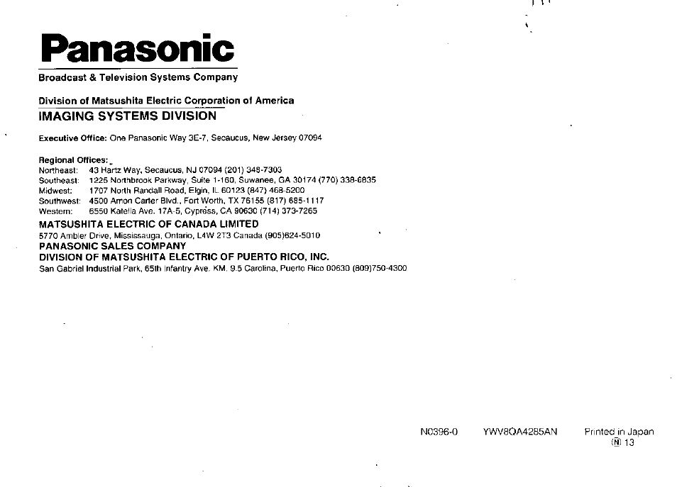 Panasonic, Imaging systems division | Panasonic WV-BP120 User Manual | Page 22 / 22