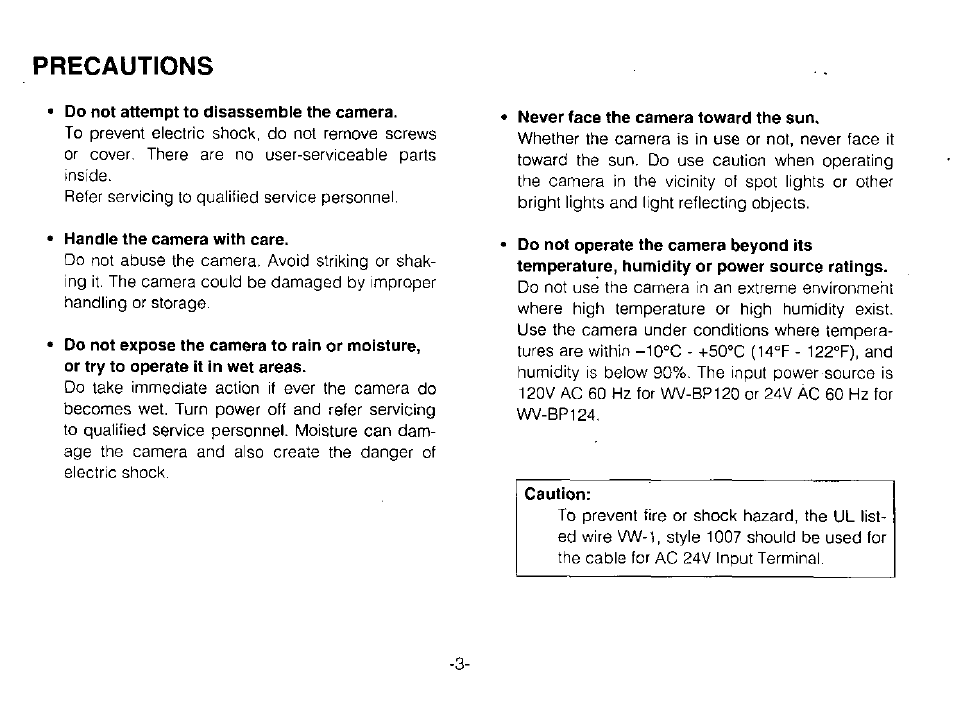 Precautions, Do not attempt to disassemble the camera, Handle the camera with care | Never face the camera toward the sun, Caution | Panasonic WV-BP120 User Manual | Page 5 / 22