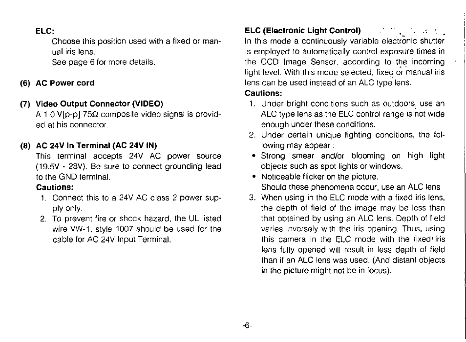 6) ac power cord, 7) video output connector (video), 8) ac 24v in terminal (ac 24v in) | Elc (electronic light control) | Panasonic WV-BP120 User Manual | Page 8 / 22