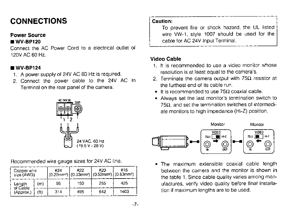 Connections, Power source, Video cable | Panasonic WV-BP120 User Manual | Page 9 / 22