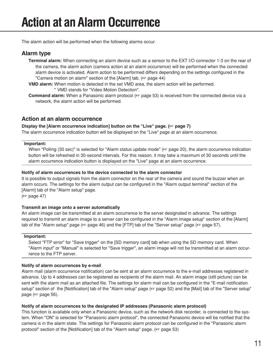 Action at an alarm occurrence | Panasonic WV-NS202 User Manual | Page 11 / 79