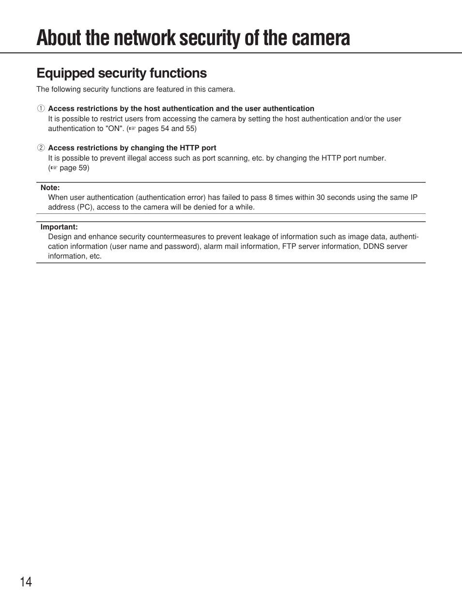 About the network security of the camera, Equipped security functions | Panasonic WV-NS202 User Manual | Page 14 / 79