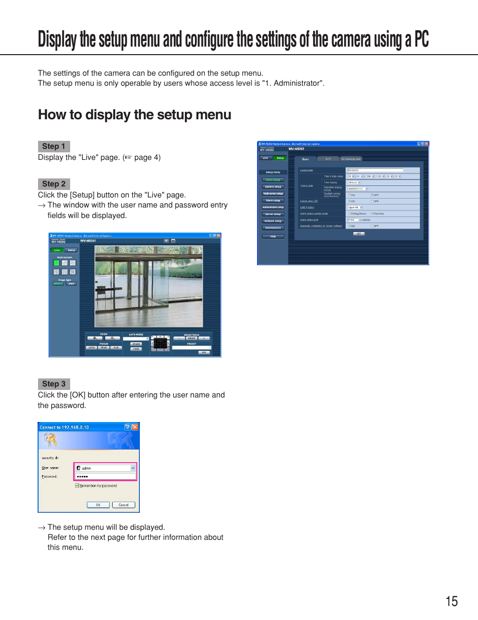 How to display the setup menu | Panasonic WV-NS202 User Manual | Page 15 / 79