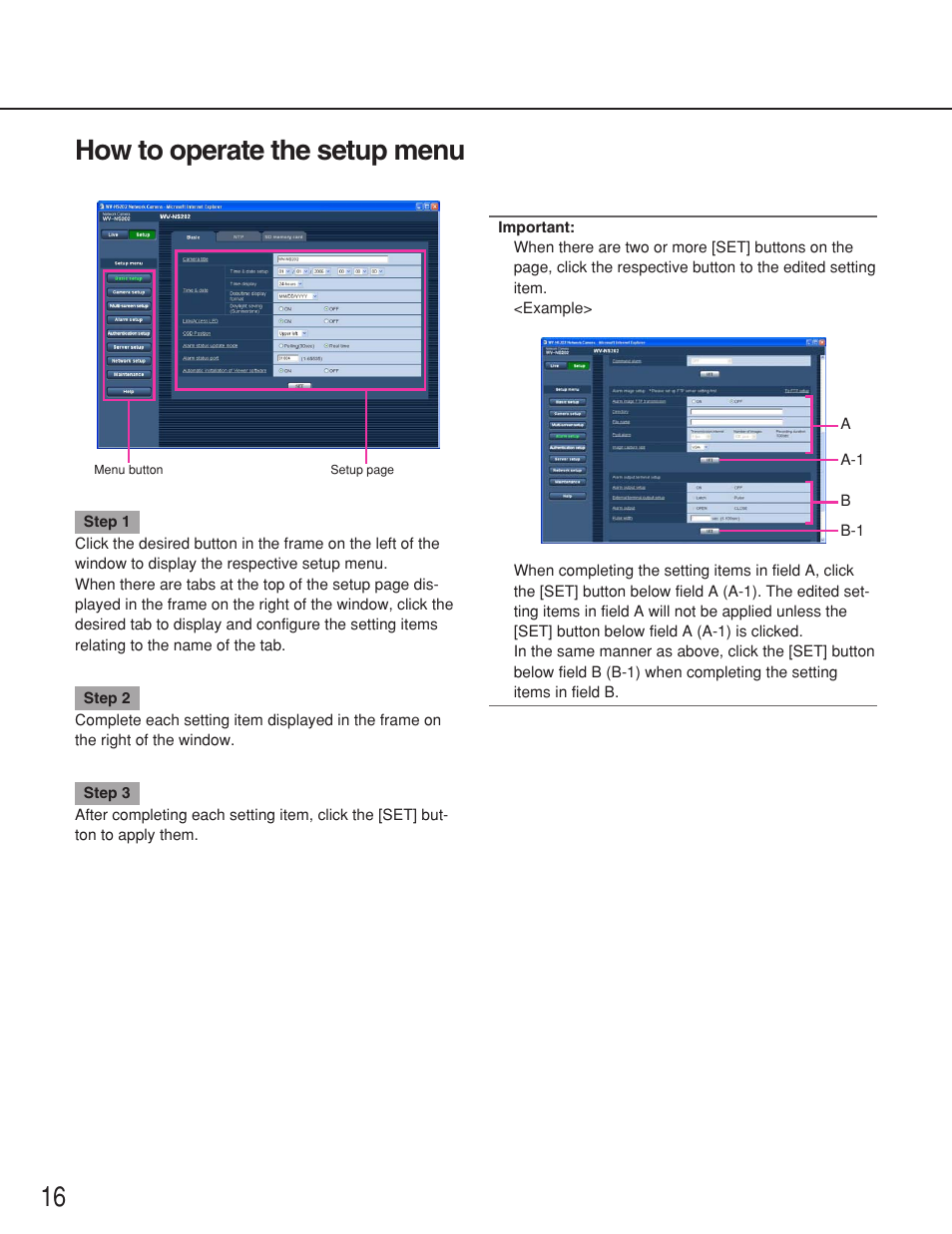 How to operate the setup menu | Panasonic WV-NS202 User Manual | Page 16 / 79