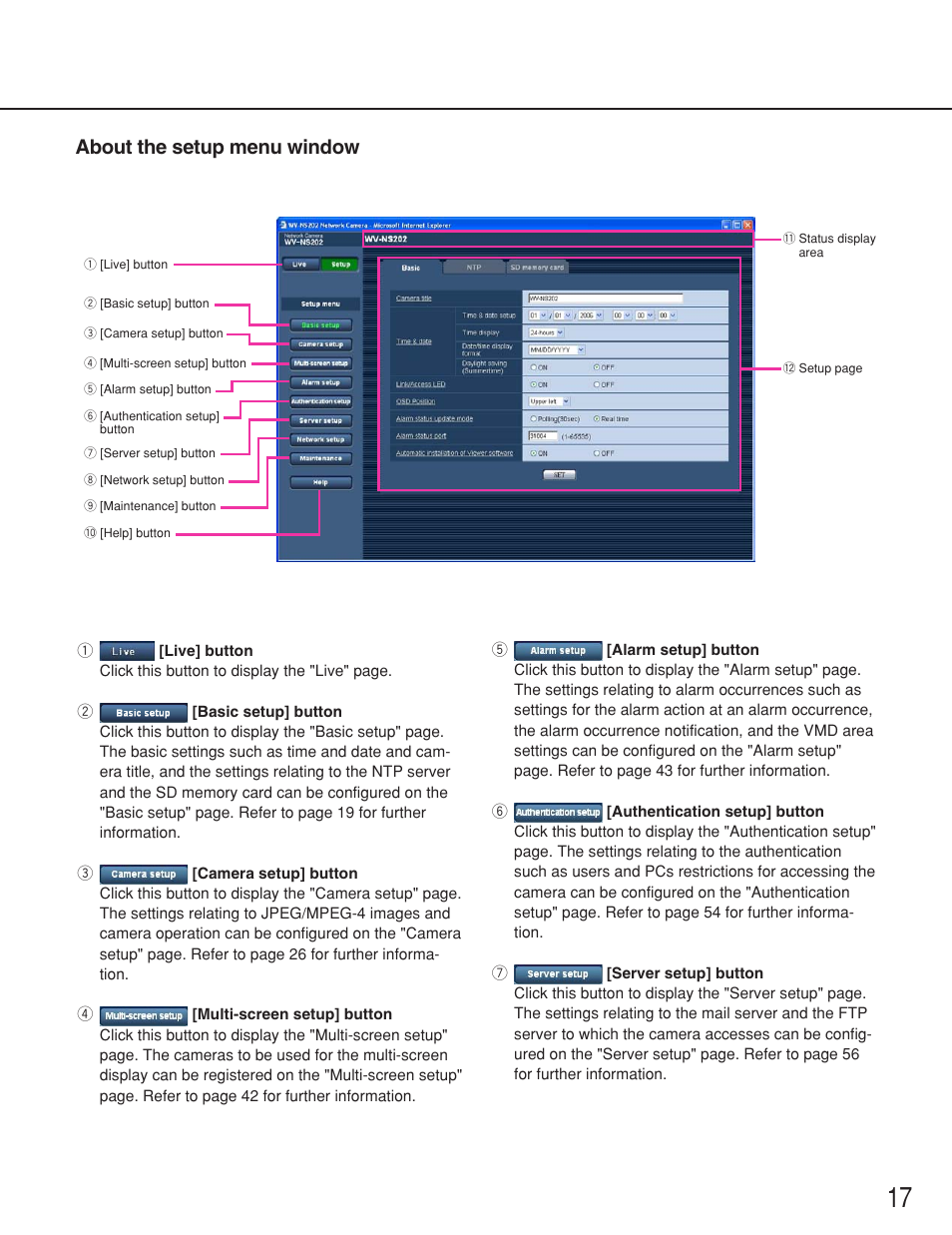 About the setup menu window | Panasonic WV-NS202 User Manual | Page 17 / 79