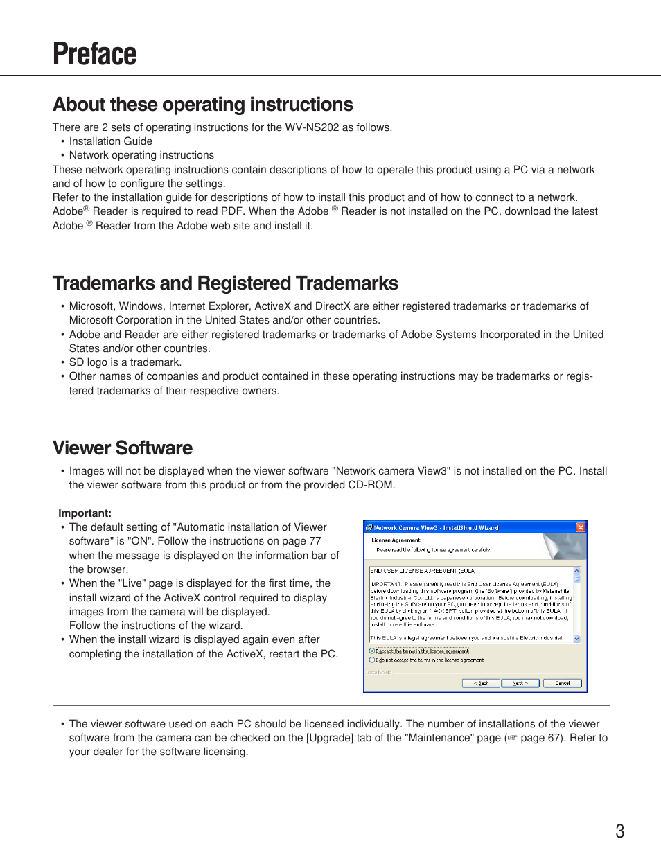 Preface, About these operating instructions, Trademarks and registered trademarks | Viewer software | Panasonic WV-NS202 User Manual | Page 3 / 79