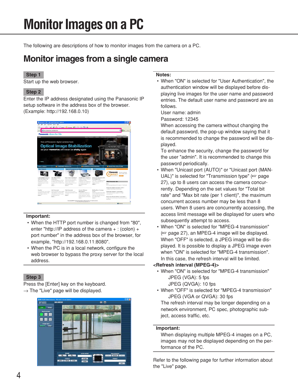 Monitor images on a pc, Monitor images from a single camera | Panasonic WV-NS202 User Manual | Page 4 / 79