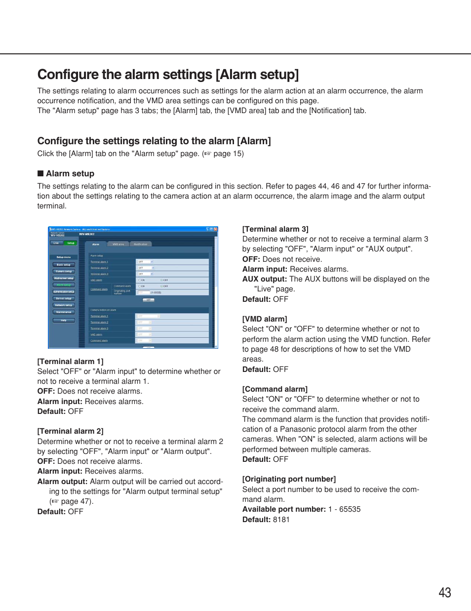 Configure the alarm settings [alarm setup, 43 configure the alarm settings [alarm setup | Panasonic WV-NS202 User Manual | Page 43 / 79