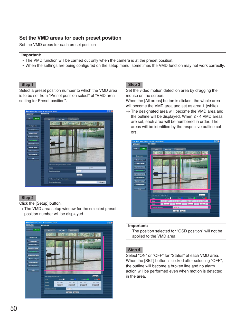 Set the vmd areas for each preset position | Panasonic WV-NS202 User Manual | Page 50 / 79