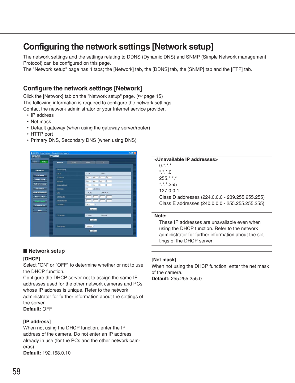 Configuring the network settings [network setup, 58 configuring the network settings [network setup | Panasonic WV-NS202 User Manual | Page 58 / 79