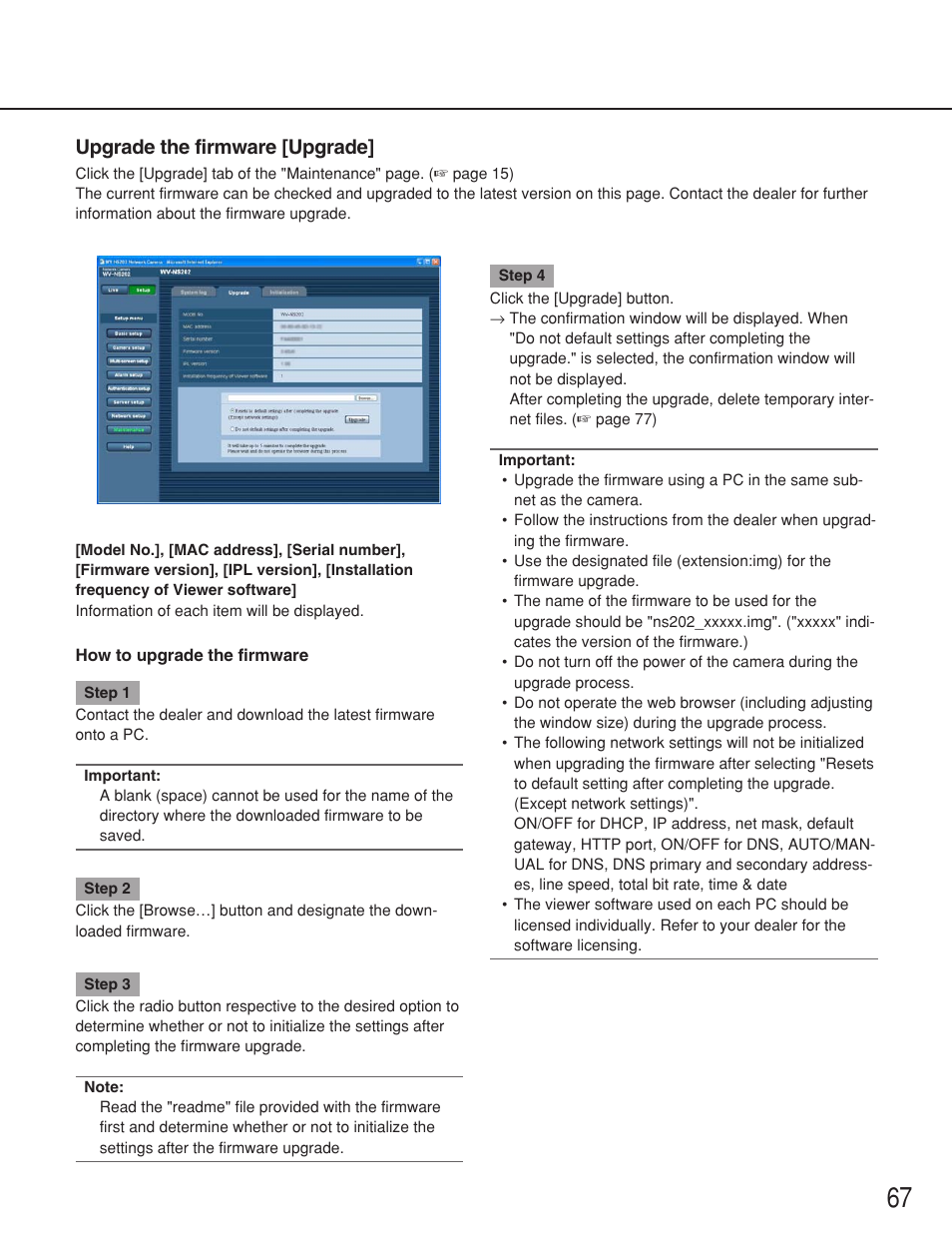 Upgrade the firmware [upgrade | Panasonic WV-NS202 User Manual | Page 67 / 79