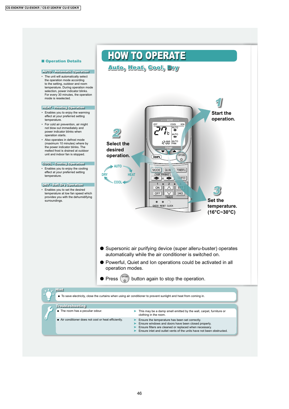 How to operate, Dauto, heat, cool, dr y | Panasonic CU-E12DKR User Manual | Page 3 / 6