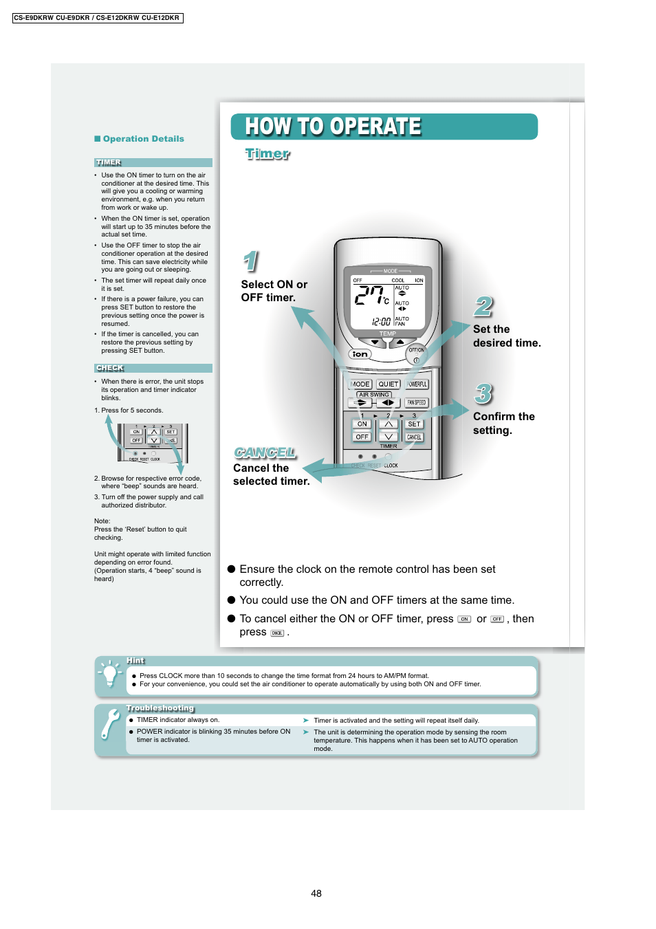 How to operate, Timer cancel | Panasonic CU-E12DKR User Manual | Page 5 / 6