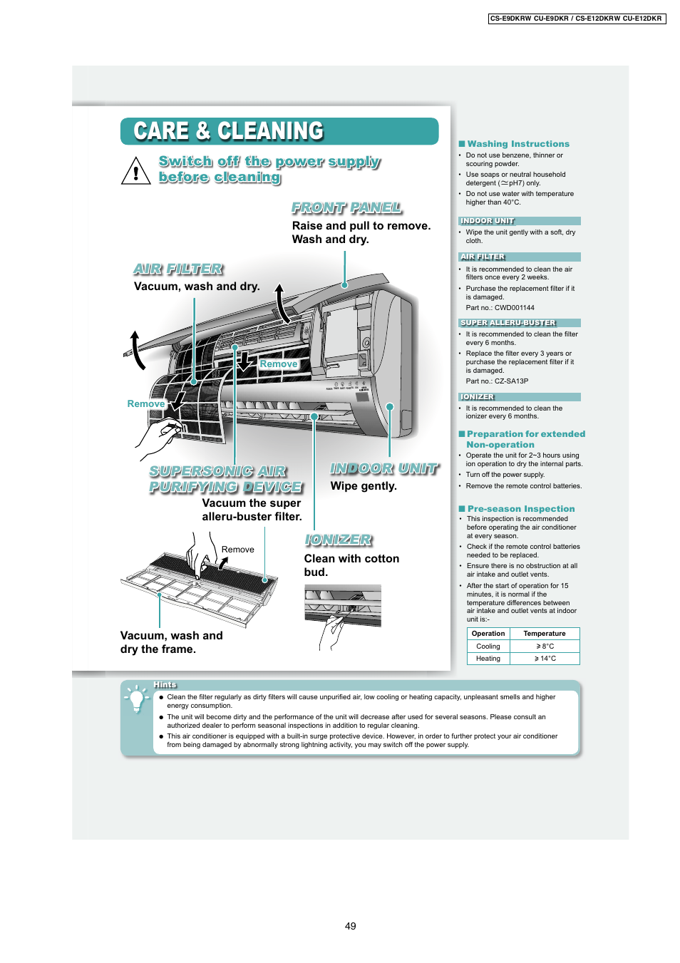 Care & cleaning, Switch off the power supply before cleaning, Front panel | Dindoor unit, Air filter supersonic air d purifying device, Ionizer, Raise and pull to remove. wash and dry, Wipe gently, Vacuum, wash and dry, Clean with cotton bud | Panasonic CU-E12DKR User Manual | Page 6 / 6