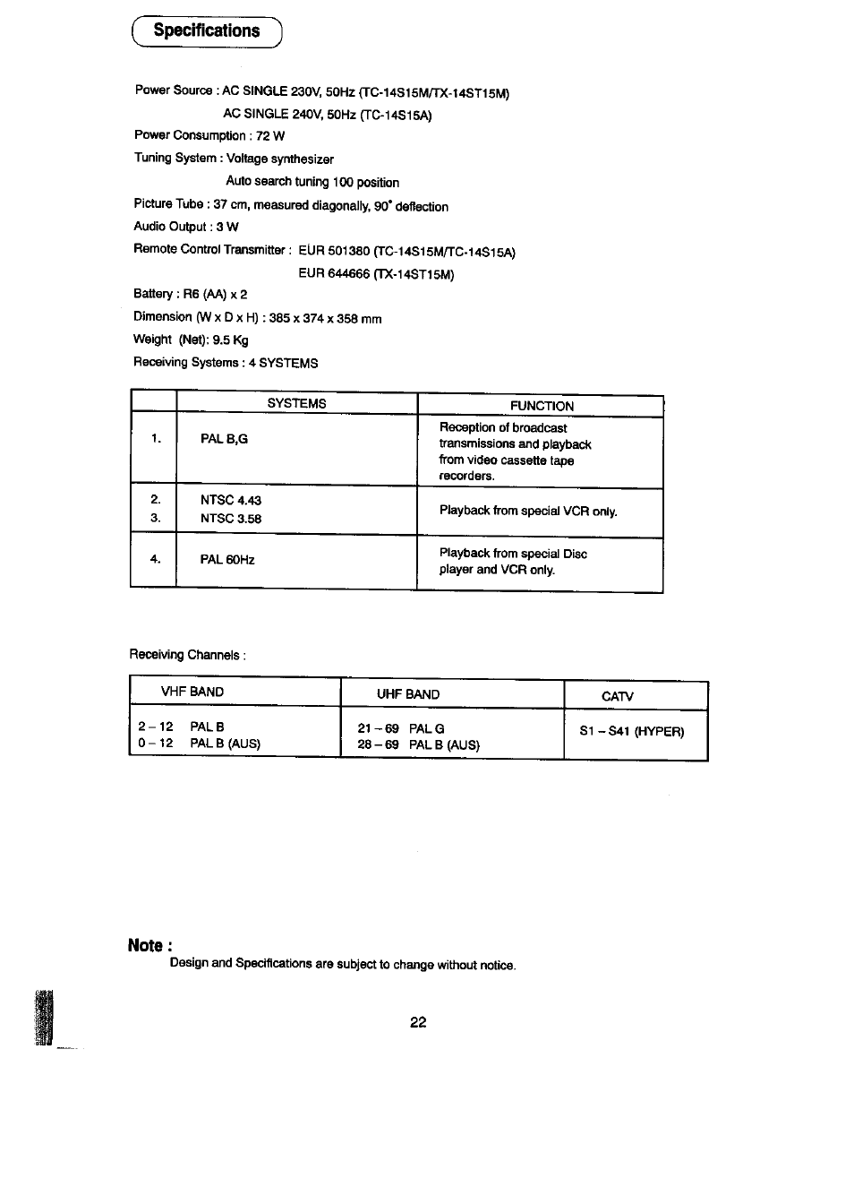 Specifications, Note | Panasonic TC-14ST15M User Manual | Page 23 / 24