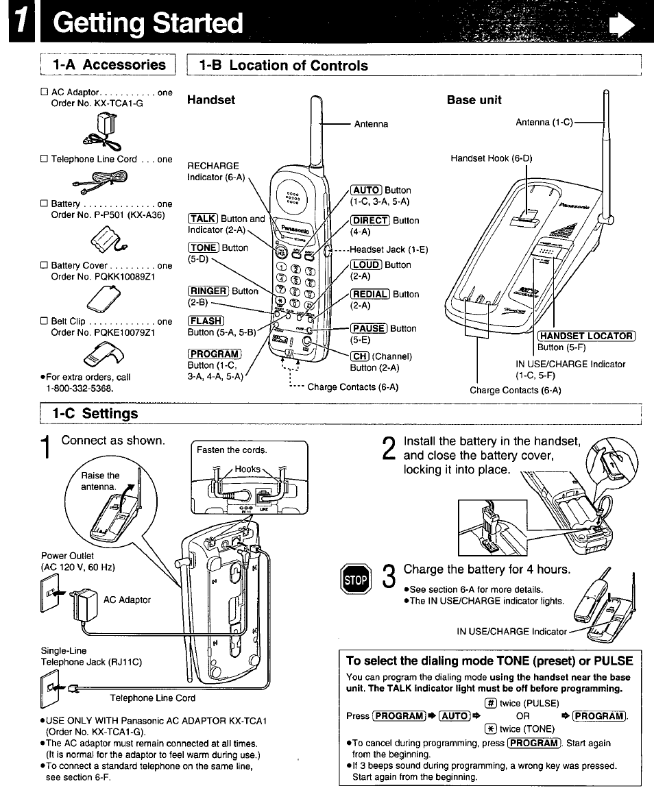 Getting started, A accessories, B location of controls | C settings, A accessories 1-b location of controls, Handset, S®® f® ® ® s | Panasonic KX-TC18000B User Manual | Page 2 / 8