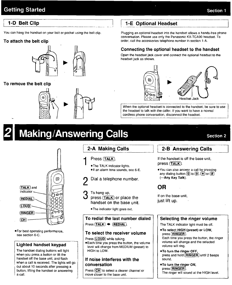 Getting started, Section 1, To attach the belt clip | To remove the belt clip, E optional headset, Connecting the optional headset to the handset, 2\ making/answering calls, A making calis, B answering calls, Lighted handset keypad | Panasonic KX-TC18000B User Manual | Page 3 / 8