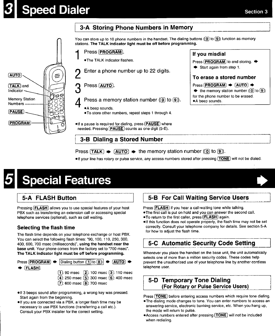 3\ speed dialer, 51 special features, A flash button | Selecting the flash time, B for call waiting service users, C automatic security code setting, D temporary tone dialing, For rotary or pulse service users), Speed dialer, Special features | Panasonic KX-TC18000B User Manual | Page 4 / 8