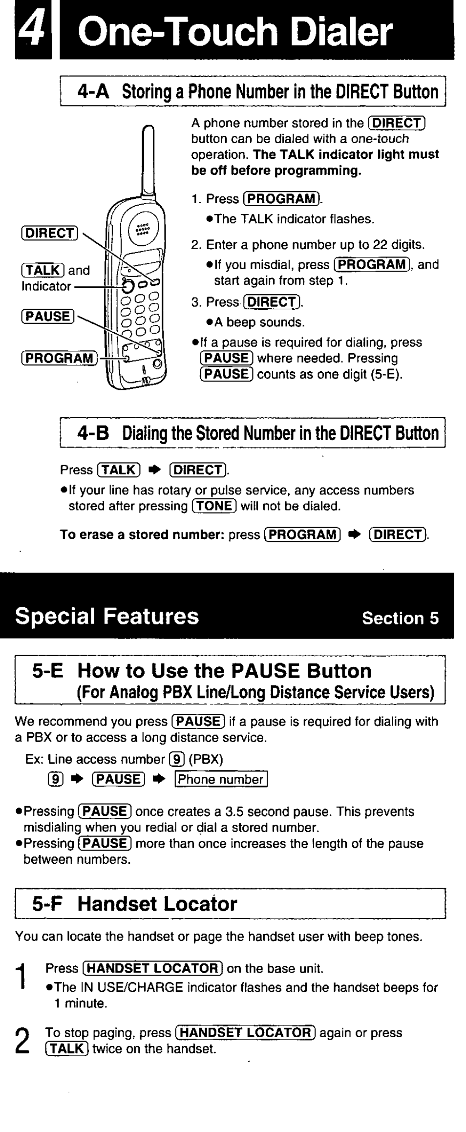 4\ one-touch dialer, A storing a phone number in the direct button, B dialing the stored number in the direct button | Special features, E how to use the pause button, For analog pbx line/long distance service users), F handset locator, One-touch dialer | Panasonic KX-TC18000B User Manual | Page 5 / 8