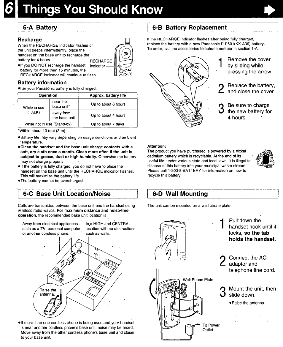 6| things you should know, B battery replacement, Recharge | Attention, C base unit location/noise, A battery 6-b battery replacement, C base unit location/noise 6-d wall mounting | Panasonic KX-TC18000B User Manual | Page 6 / 8