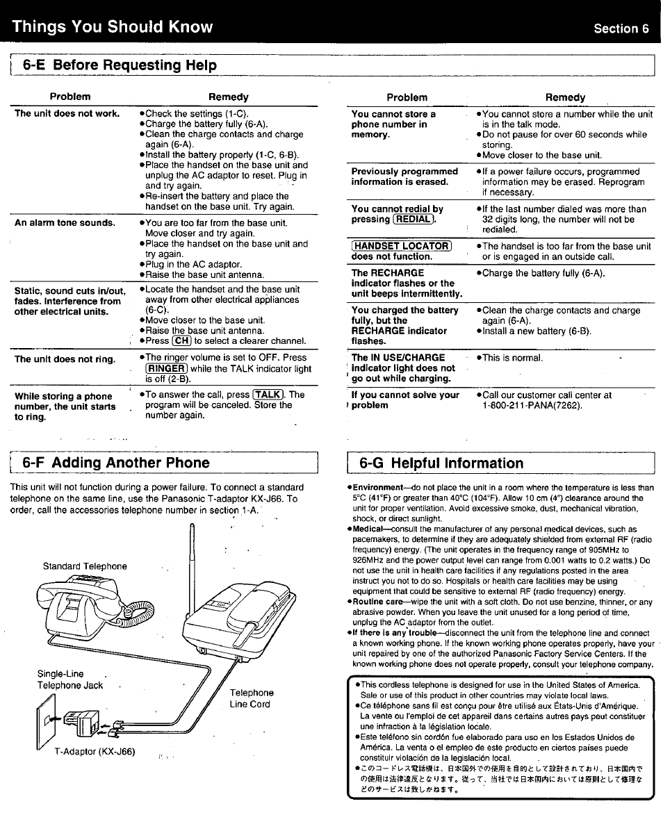 Things you should know, E before requesting help, F adding another phone 6-g helpful information | Panasonic KX-TC18000B User Manual | Page 7 / 8