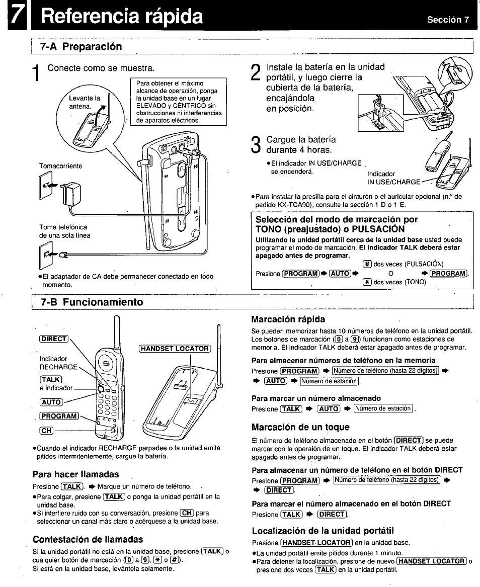 7| referenda rápida, A preparación, B funcionamiento | Marcación rápida, Para almacenar números de teléfono en la memoria, Para marcar un número almacenado, Para hacer llamadas, Contestación de llamadas, Marcación de un toque, Localización de la unidad portátil | Panasonic KX-TC18000B User Manual | Page 8 / 8