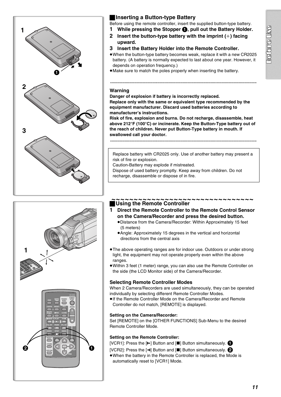 ª inserting a button-type battery, ª using the remote controller 1, While pressing the stopper | Pull out the battery holder, Warning, Selecting remote controller modes | Panasonic AG-EZ50UP User Manual | Page 11 / 58
