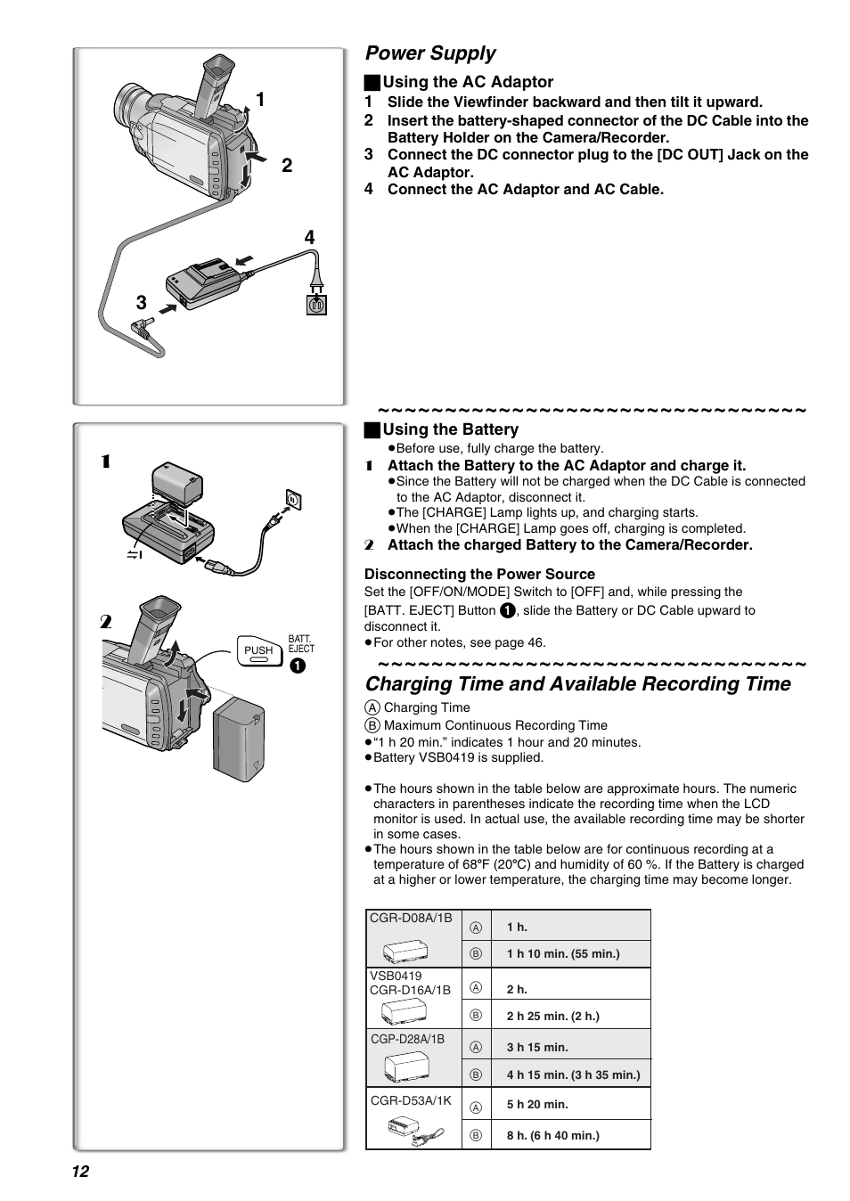 2 1 3 4 power supply, Charging time and available recording time | Panasonic AG-EZ50UP User Manual | Page 12 / 58