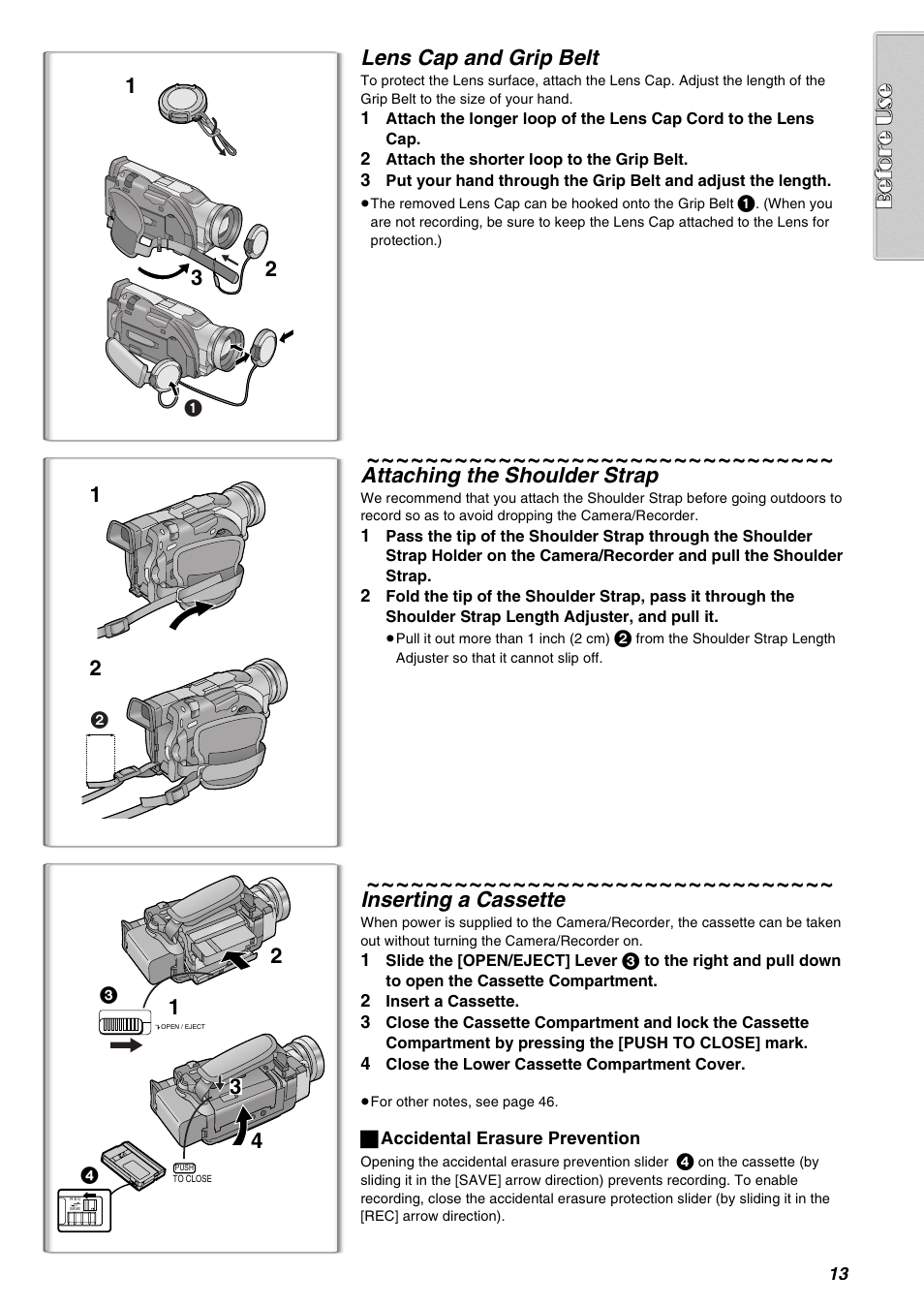 2lens cap and grip belt, Attaching the shoulder strap, Inserting a cassette | Panasonic AG-EZ50UP User Manual | Page 13 / 58