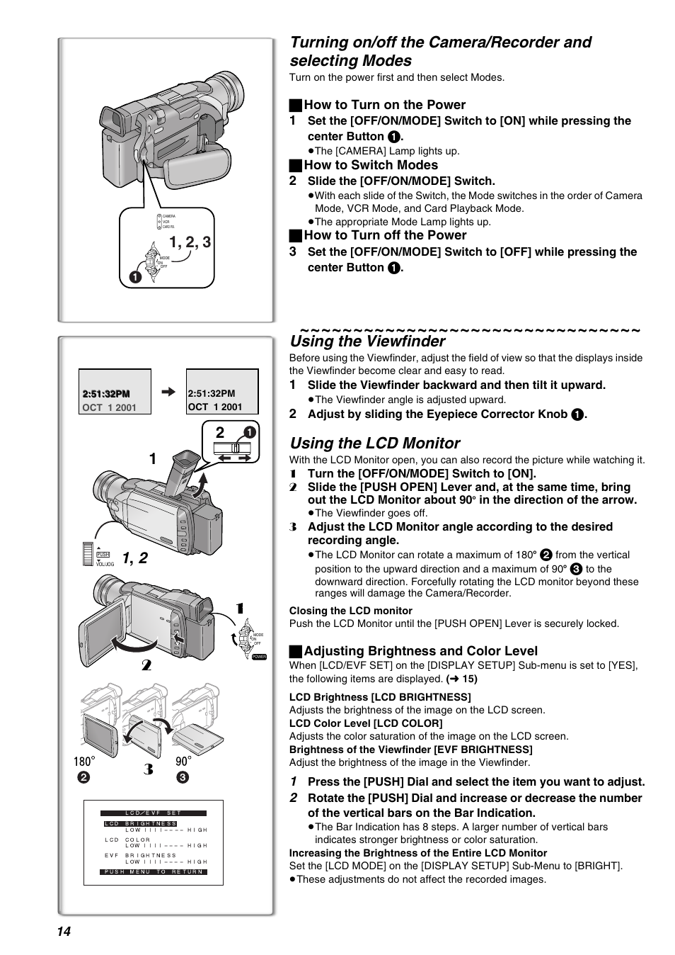 Using the viewfinder, Using the lcd monitor, ª how to turn on the power 1 | ª how to switch modes 2, ª how to turn off the power 3, ª adjusting brightness and color level | Panasonic AG-EZ50UP User Manual | Page 14 / 58