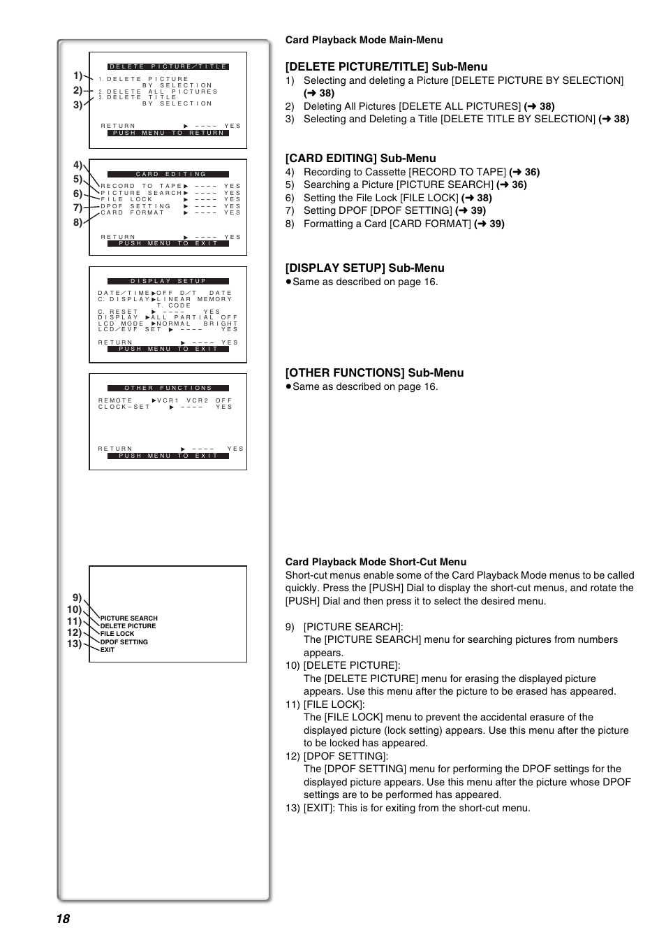 Delete picture/title] sub-menu, Card editing] sub-menu, Display setup] sub-menu | Other functions] sub-menu | Panasonic AG-EZ50UP User Manual | Page 18 / 58