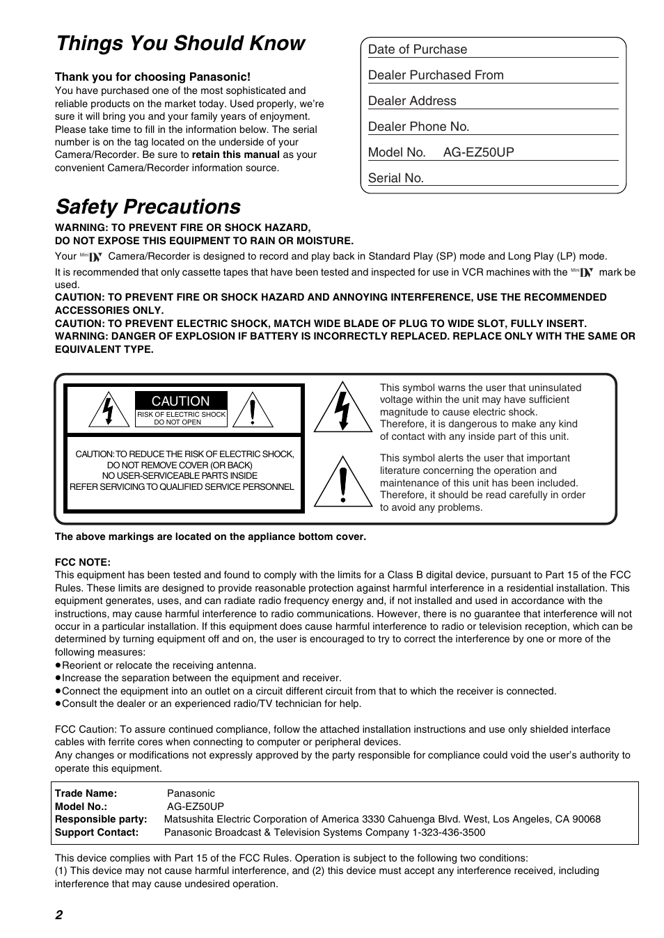 Things you should know safety precautions | Panasonic AG-EZ50UP User Manual | Page 2 / 58