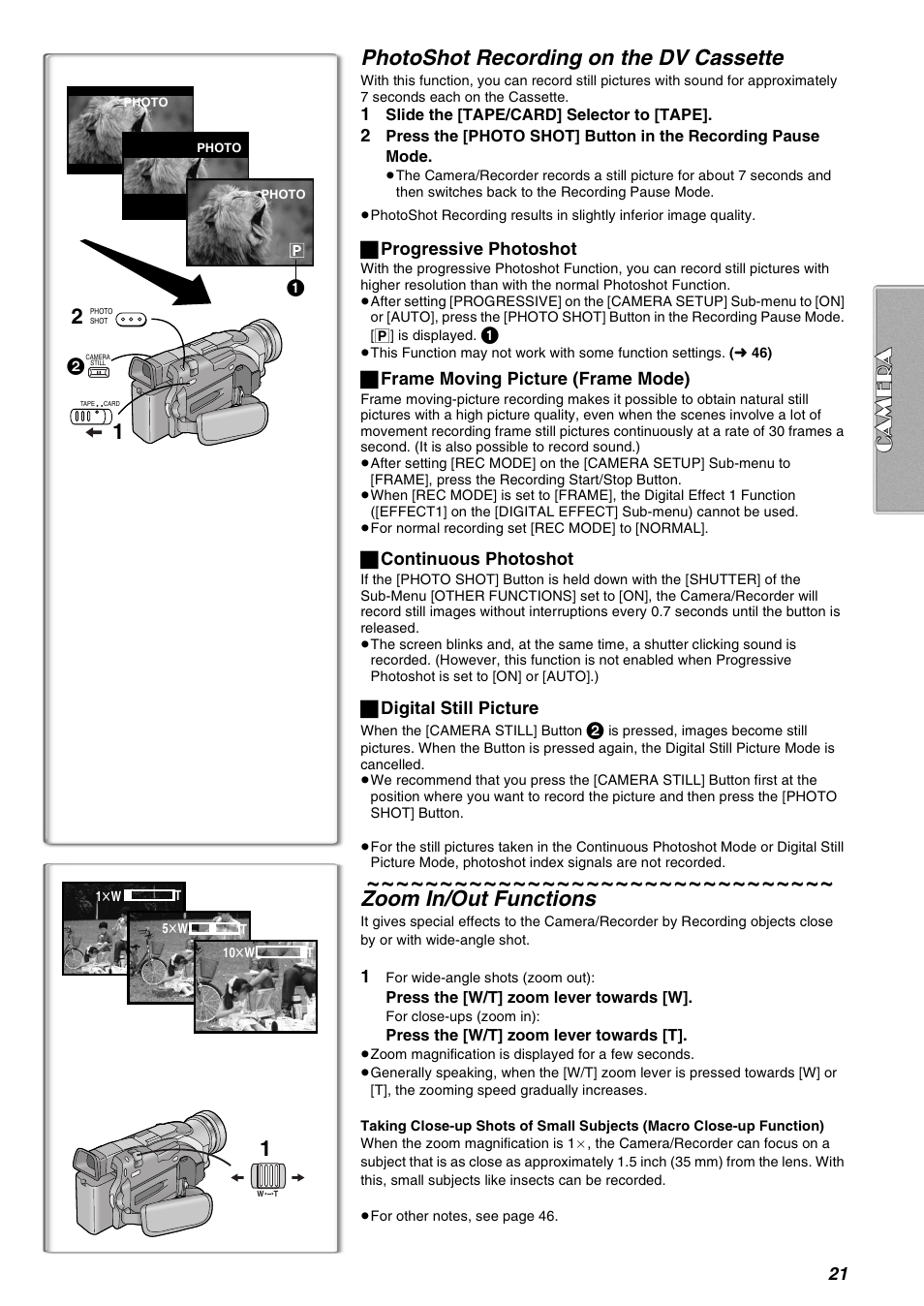 Photoshot recording on the dv cassette, Zoom in/out functions | Panasonic AG-EZ50UP User Manual | Page 21 / 58