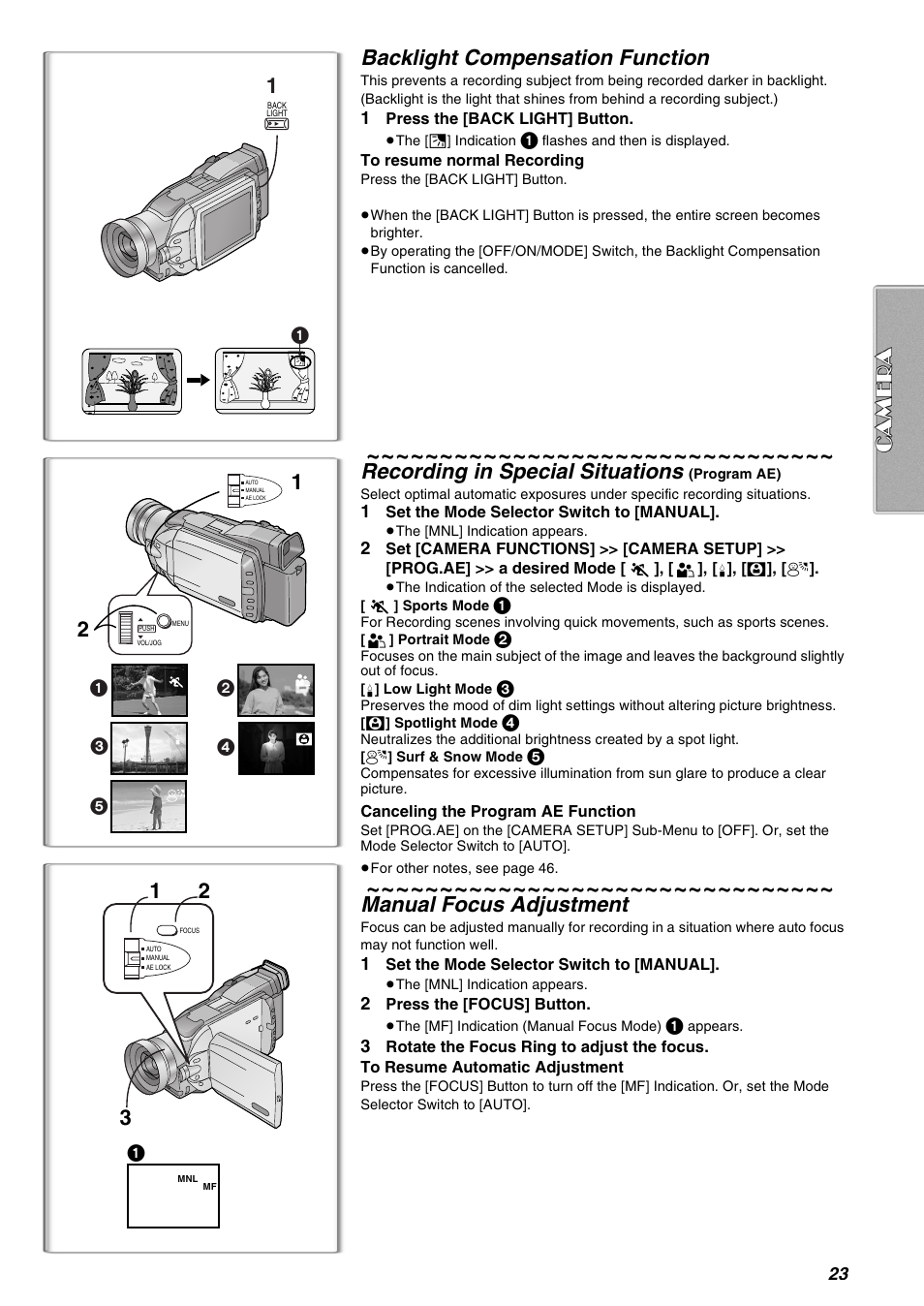 Backlight compensation function, Recording in special situations, Manual focus adjustment | Panasonic AG-EZ50UP User Manual | Page 23 / 58