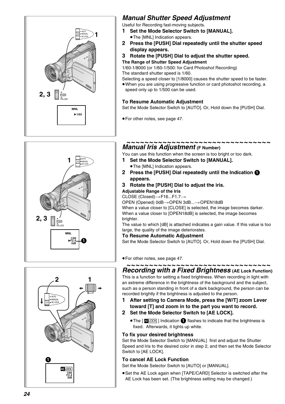 Manual shutter speed adjustment, Manual iris adjustment, Recording with a fixed brightness | Panasonic AG-EZ50UP User Manual | Page 24 / 58